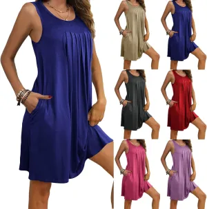 2024 Women's Loose Casul Sleeveless Solid Ruffle Crew Neck Sundresses with Pockets A-Line Beach Vacation Mini Dress