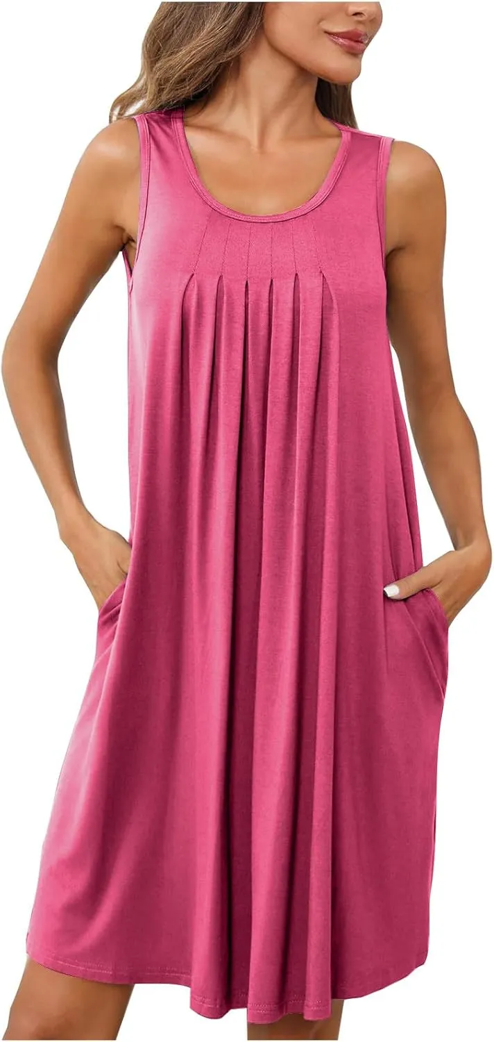 2024 Women's Loose Casul Sleeveless Solid Ruffle Crew Neck Sundresses with Pockets A-Line Beach Vacation Mini Dress