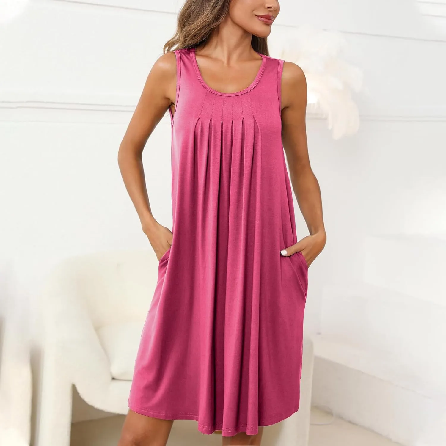 2024 Women's Loose Casul Sleeveless Solid Ruffle Crew Neck Sundresses with Pockets A-Line Beach Vacation Mini Dress