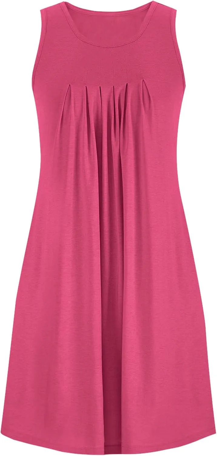 2024 Women's Loose Casul Sleeveless Solid Ruffle Crew Neck Sundresses with Pockets A-Line Beach Vacation Mini Dress