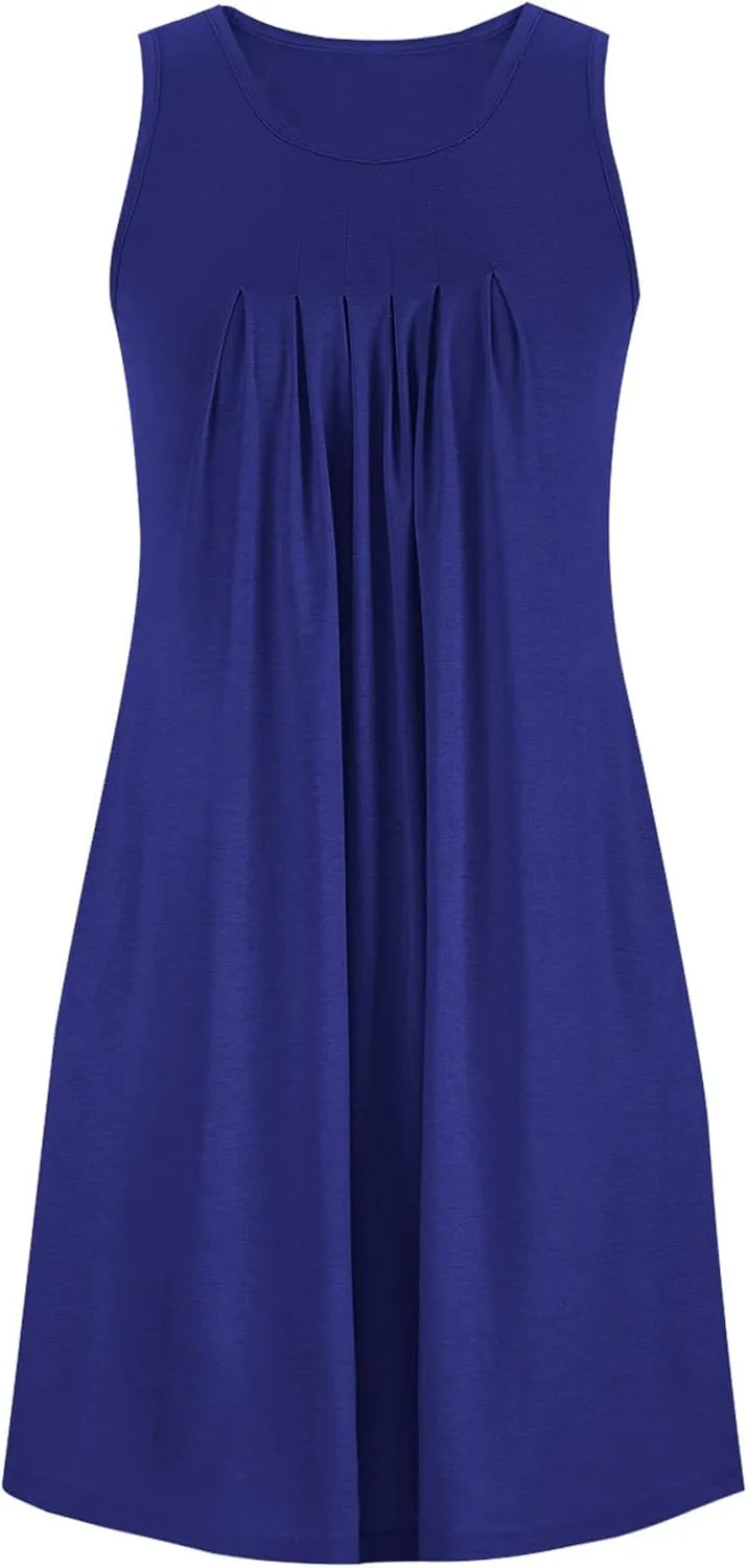 2024 Women's Loose Casul Sleeveless Solid Ruffle Crew Neck Sundresses with Pockets A-Line Beach Vacation Mini Dress