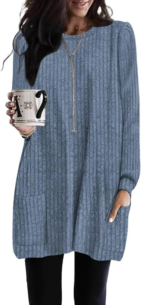 2025 Long Shirts for Women to Wear with Leggings Long Sleeve Tunic Tops Loose Fit Dressy Tunic Sweaters with Pockets