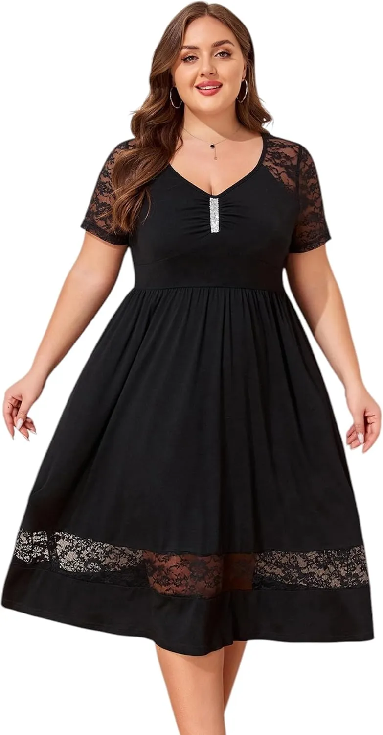 2025 Women Plus Size Lace Summer Dress - V Neck Elegant Casual Black Midi Dress with Pockets