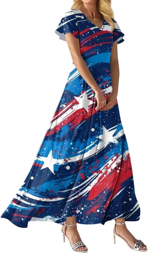 4th of July Dress for Women 2025 Summer Floral V Neck Wrap Short Sleeve Beach Sundress Flowy Elegant Casual Maxi Dresses