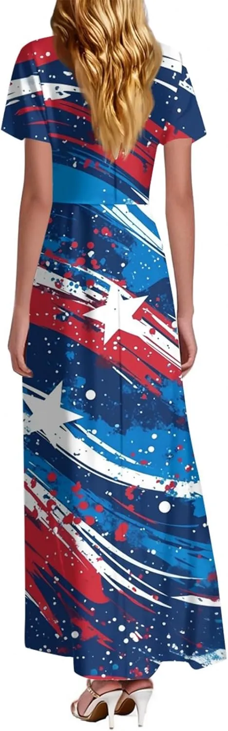 4th of July Dress for Women 2025 Summer Floral V Neck Wrap Short Sleeve Beach Sundress Flowy Elegant Casual Maxi Dresses