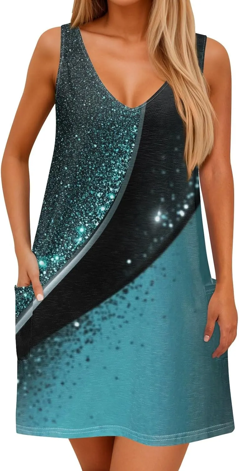 ADHOWBEW Beach Dresses for Women 2025 V Neck Tropical Elegant Casual Sleeveless Sexy Plus Size Flowy Dress