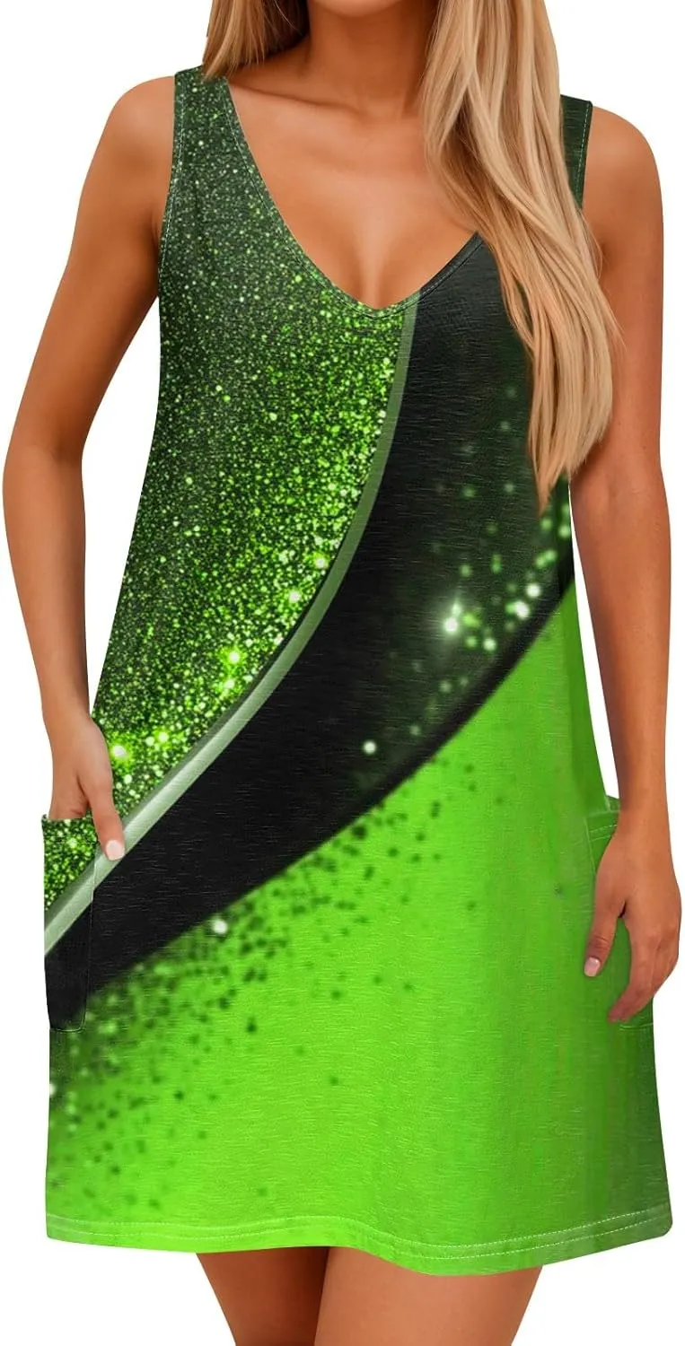 ADHOWBEW Beach Dresses for Women 2025 V Neck Tropical Elegant Casual Sleeveless Sexy Plus Size Flowy Dress