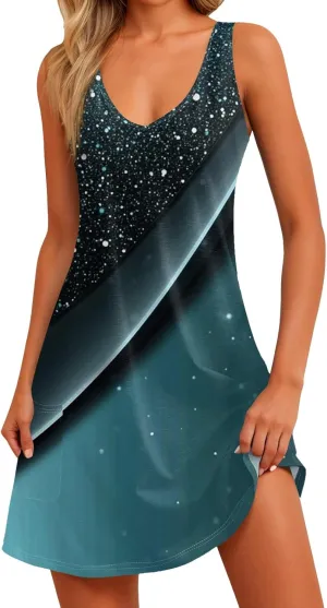 ADHOWBEW Beach Dresses for Women 2025 V Neck Tropical Elegant Casual Sleeveless Sexy Plus Size Flowy Dress