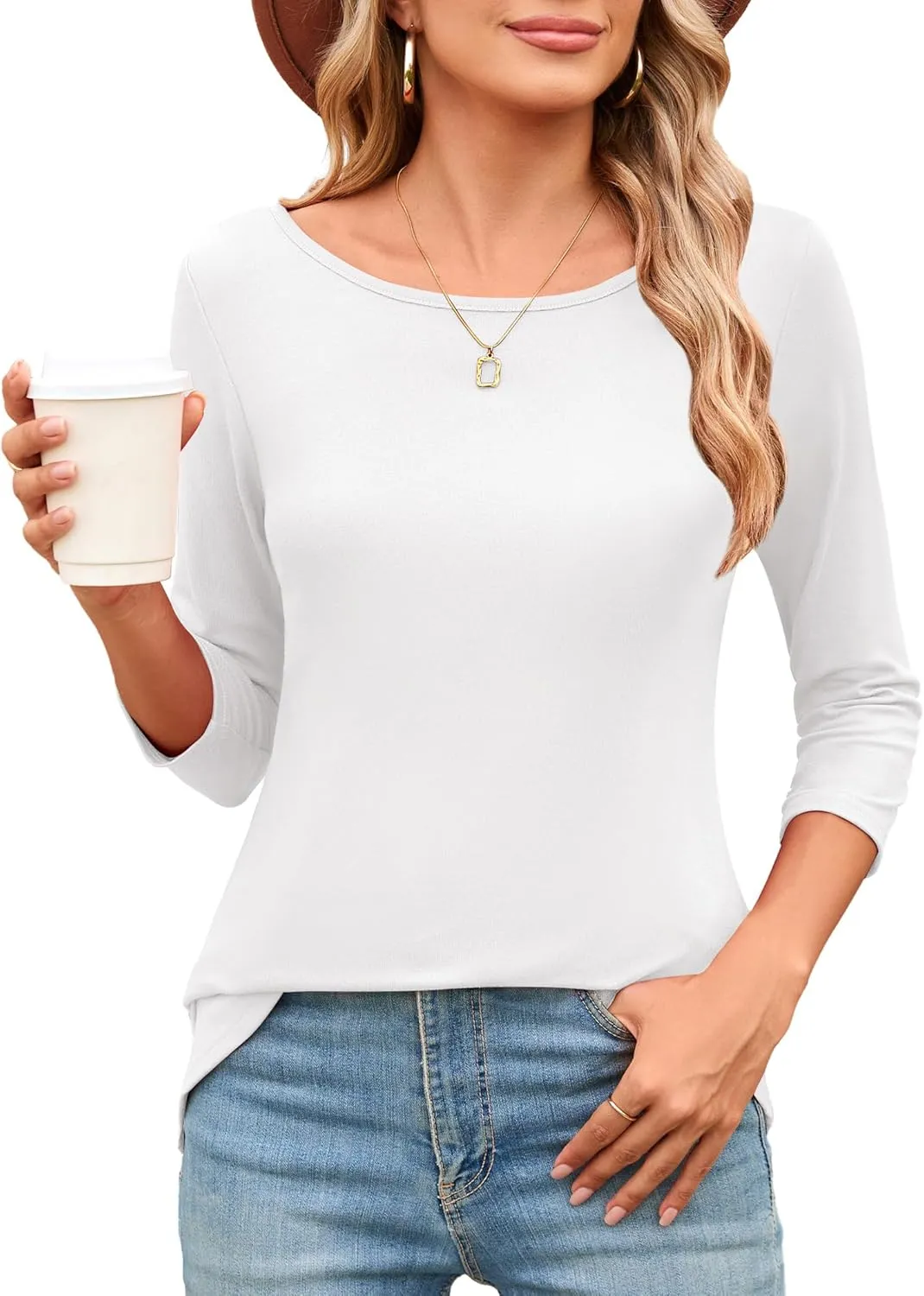 Amoretu Womens Long Tunic Tops 3/4 Sleeve Shirts Boat Neck Tees