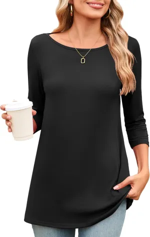Amoretu Womens Long Tunic Tops 3/4 Sleeve Shirts Boat Neck Tees