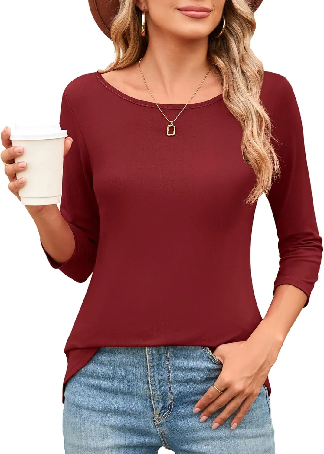 Amoretu Womens Long Tunic Tops 3/4 Sleeve Shirts Boat Neck Tees