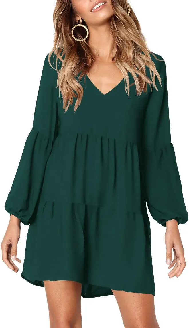Amoretu Womens Tunic Dress Long Sleeve V Neck Casual Loose Flowy Swing Shift Dresses
