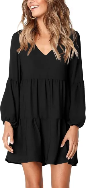 Amoretu Womens Tunic Dress Long Sleeve V Neck Casual Loose Flowy Swing Shift Dresses