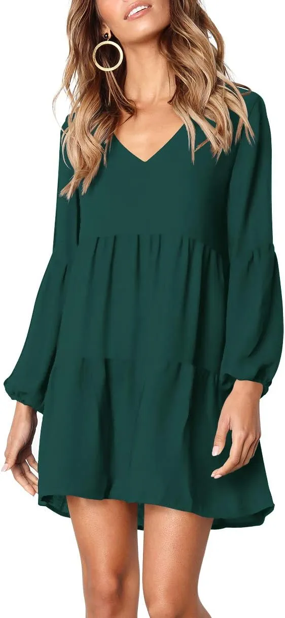 Amoretu Womens Tunic Dress Long Sleeve V Neck Casual Loose Flowy Swing Shift Dresses