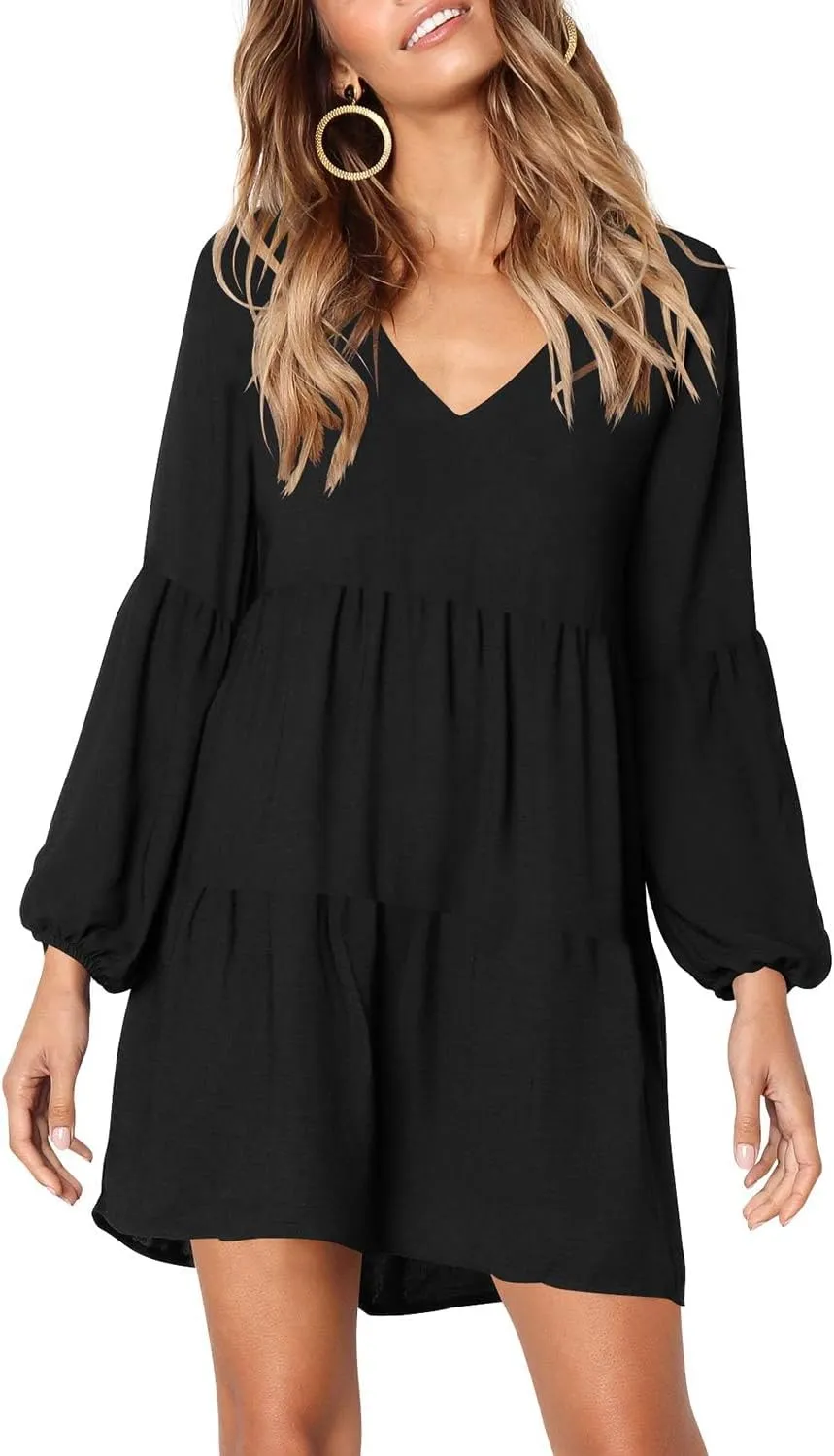 Amoretu Womens Tunic Dress Long Sleeve V Neck Casual Loose Flowy Swing Shift Dresses