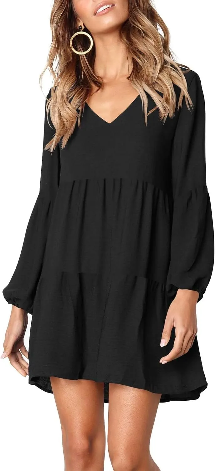 Amoretu Womens Tunic Dress Long Sleeve V Neck Casual Loose Flowy Swing Shift Dresses