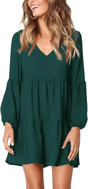 Amoretu Womens Tunic Dress Long Sleeve V Neck Casual Loose Flowy Swing Shift Dresses