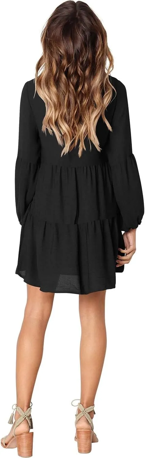 Amoretu Womens Tunic Dress Long Sleeve V Neck Casual Loose Flowy Swing Shift Dresses
