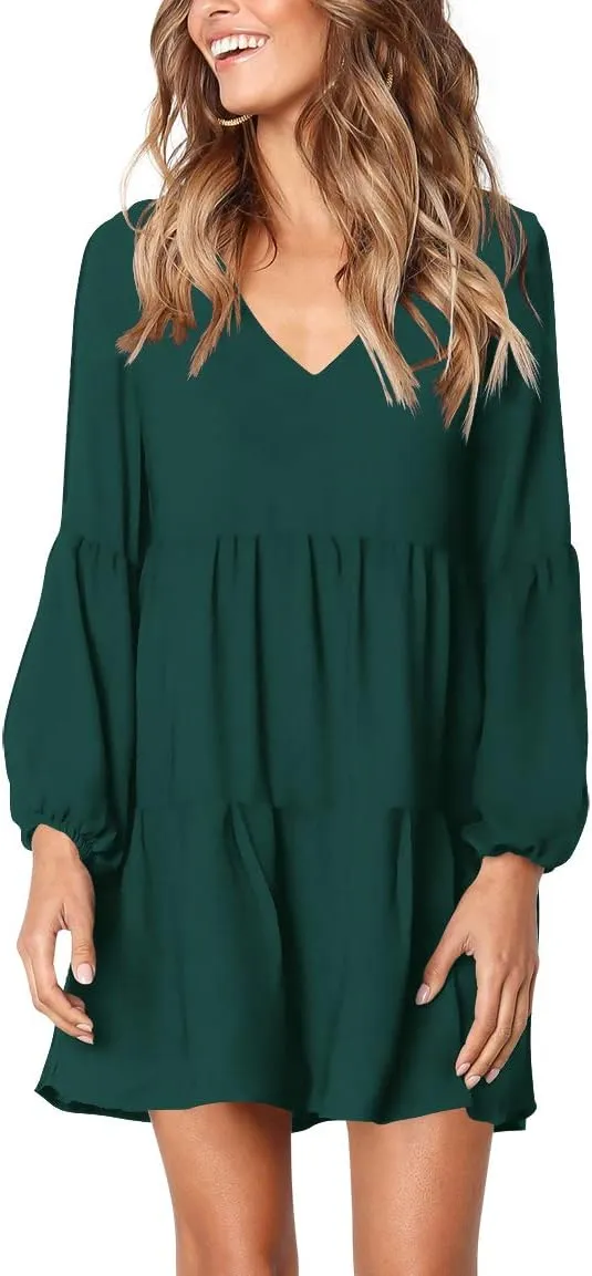 Amoretu Womens Tunic Dress Long Sleeve V Neck Casual Loose Flowy Swing Shift Dresses
