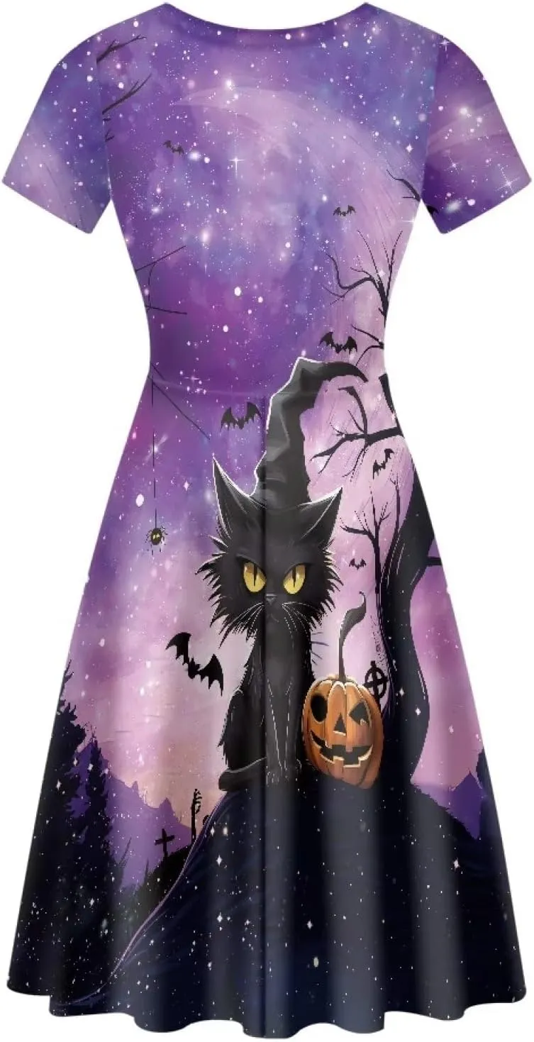 Amzprint Rose Crossbones Skeleton Sugar Skull Halloween Costume Elegant Casual Mini Swing A-Line Tshirt Dress for Women Party