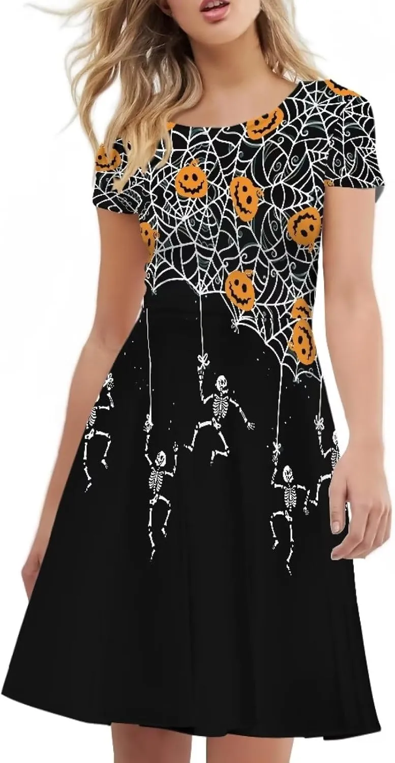 Amzprint Rose Crossbones Skeleton Sugar Skull Halloween Costume Elegant Casual Mini Swing A-Line Tshirt Dress for Women Party