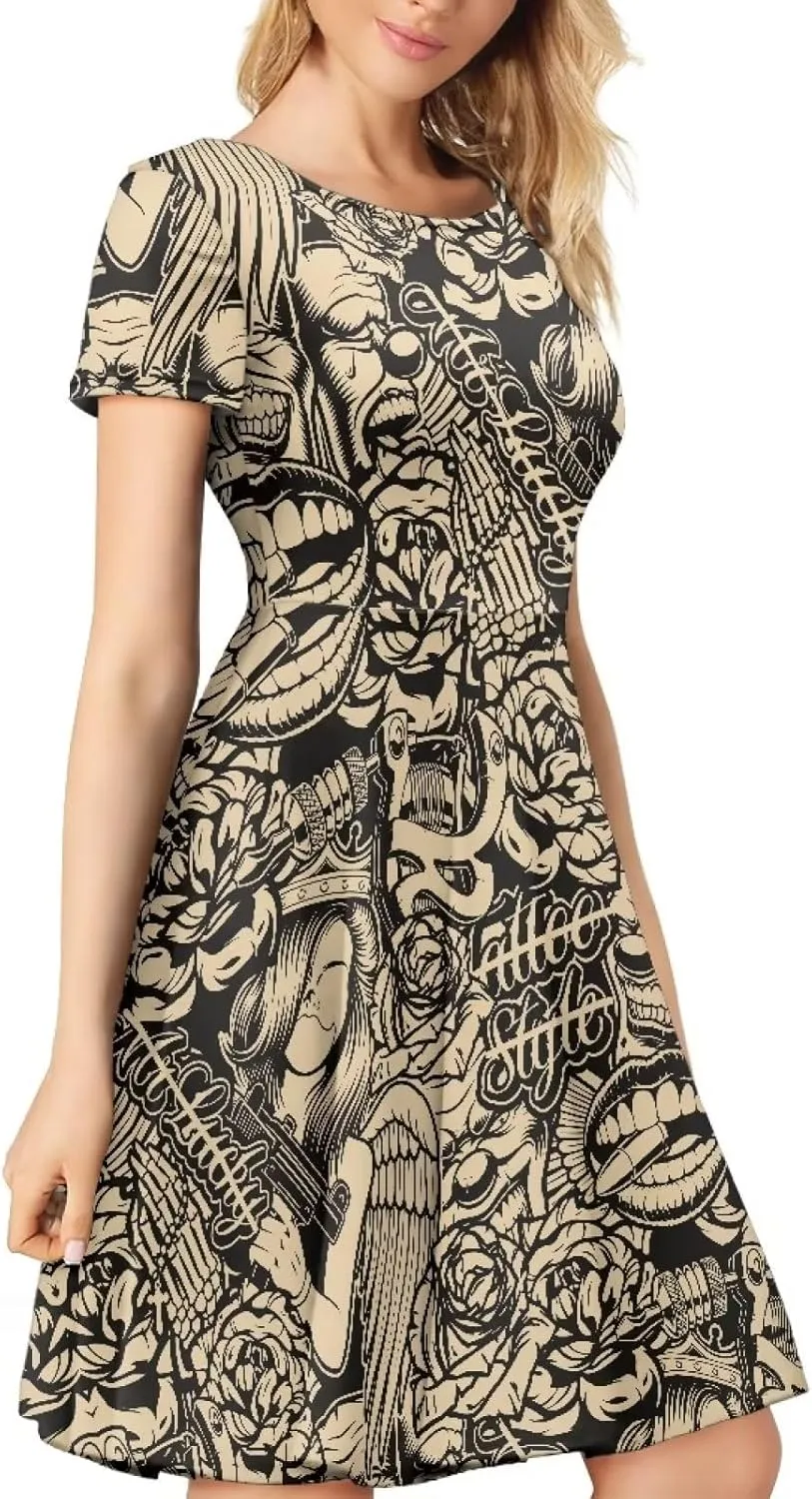 Amzprint Rose Crossbones Skeleton Sugar Skull Halloween Costume Elegant Casual Mini Swing A-Line Tshirt Dress for Women Party
