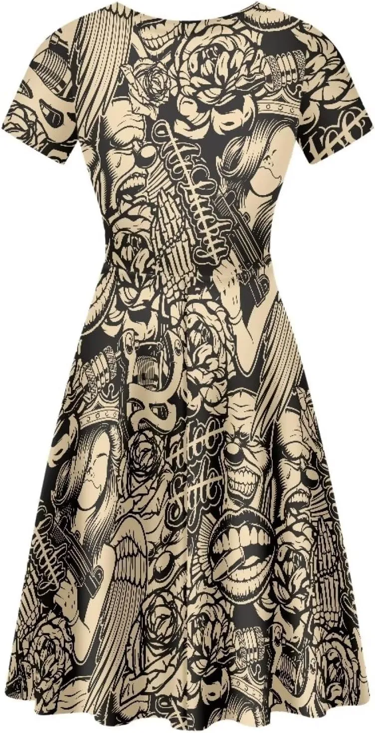 Amzprint Rose Crossbones Skeleton Sugar Skull Halloween Costume Elegant Casual Mini Swing A-Line Tshirt Dress for Women Party