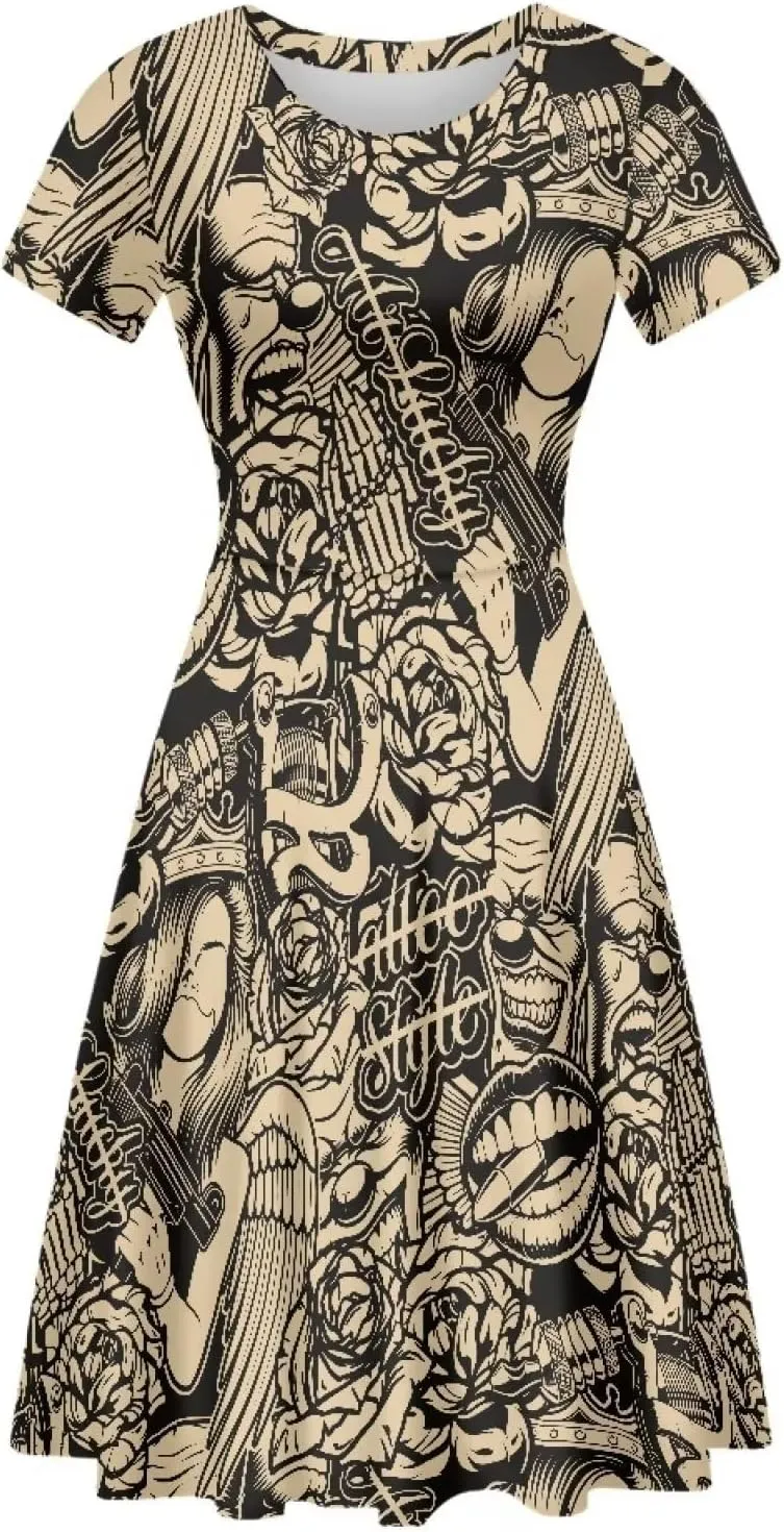 Amzprint Rose Crossbones Skeleton Sugar Skull Halloween Costume Elegant Casual Mini Swing A-Line Tshirt Dress for Women Party