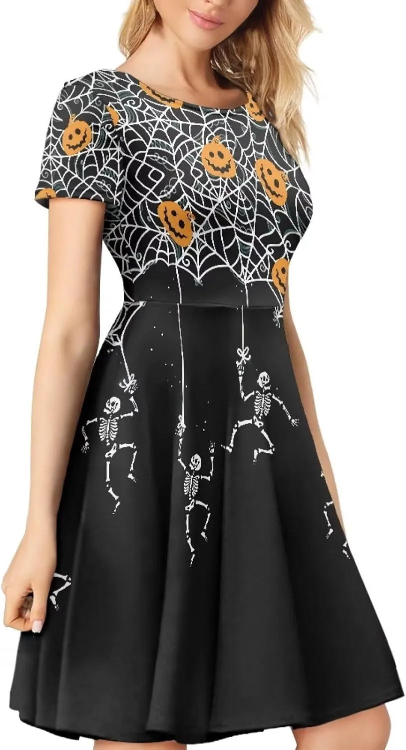 Amzprint Rose Crossbones Skeleton Sugar Skull Halloween Costume Elegant Casual Mini Swing A-Line Tshirt Dress for Women Party