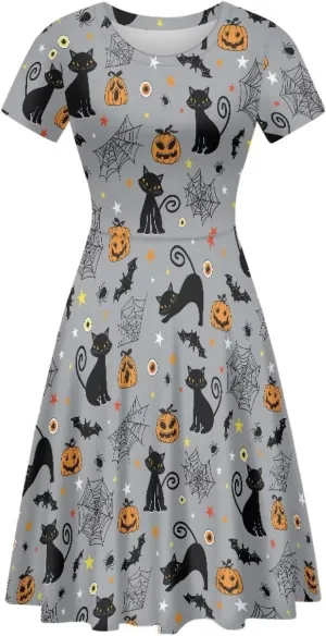 Amzprint Rose Crossbones Skeleton Sugar Skull Halloween Costume Elegant Casual Mini Swing A-Line Tshirt Dress for Women Party