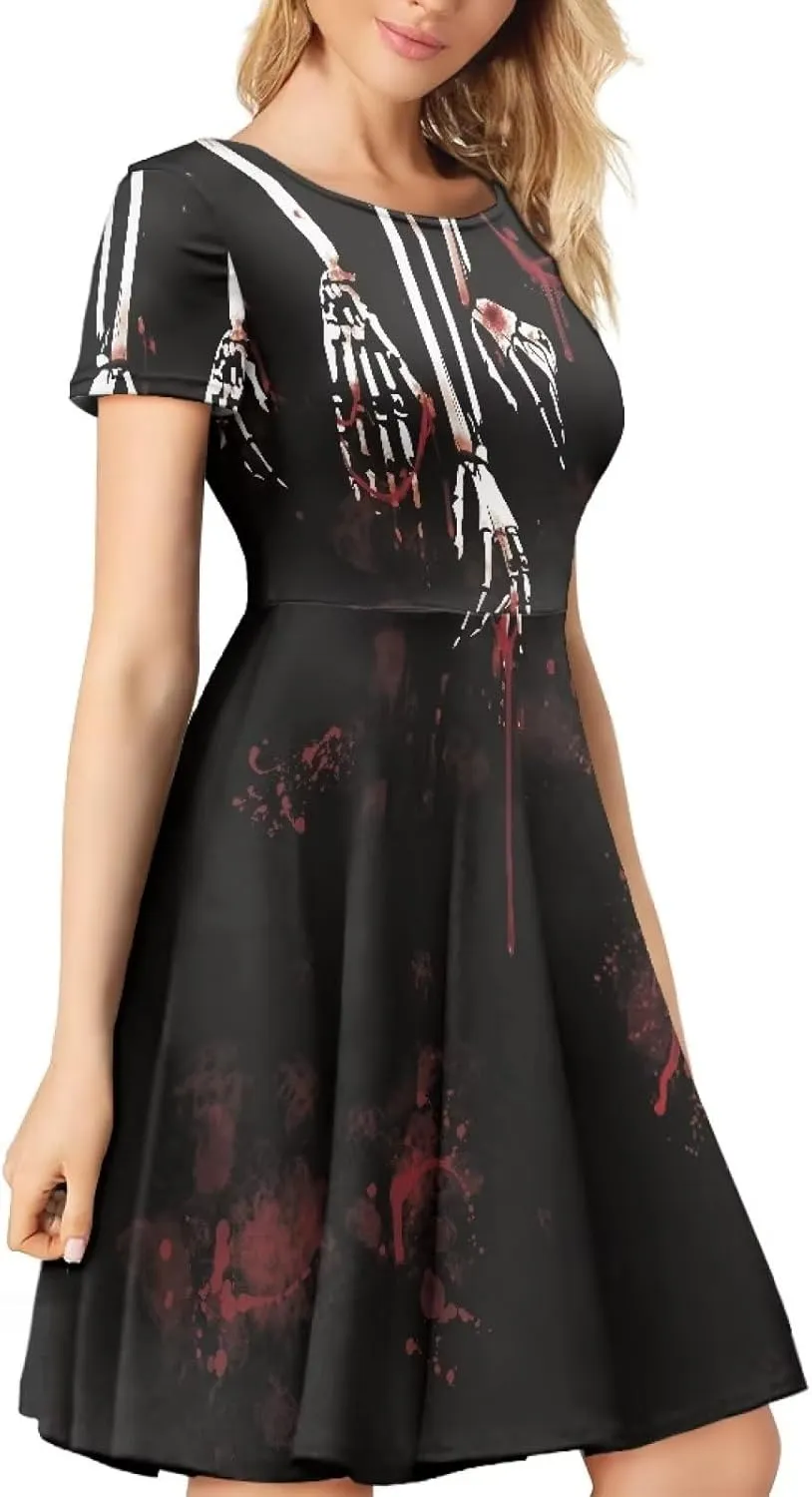 Amzprint Rose Crossbones Skeleton Sugar Skull Halloween Costume Elegant Casual Mini Swing A-Line Tshirt Dress for Women Party