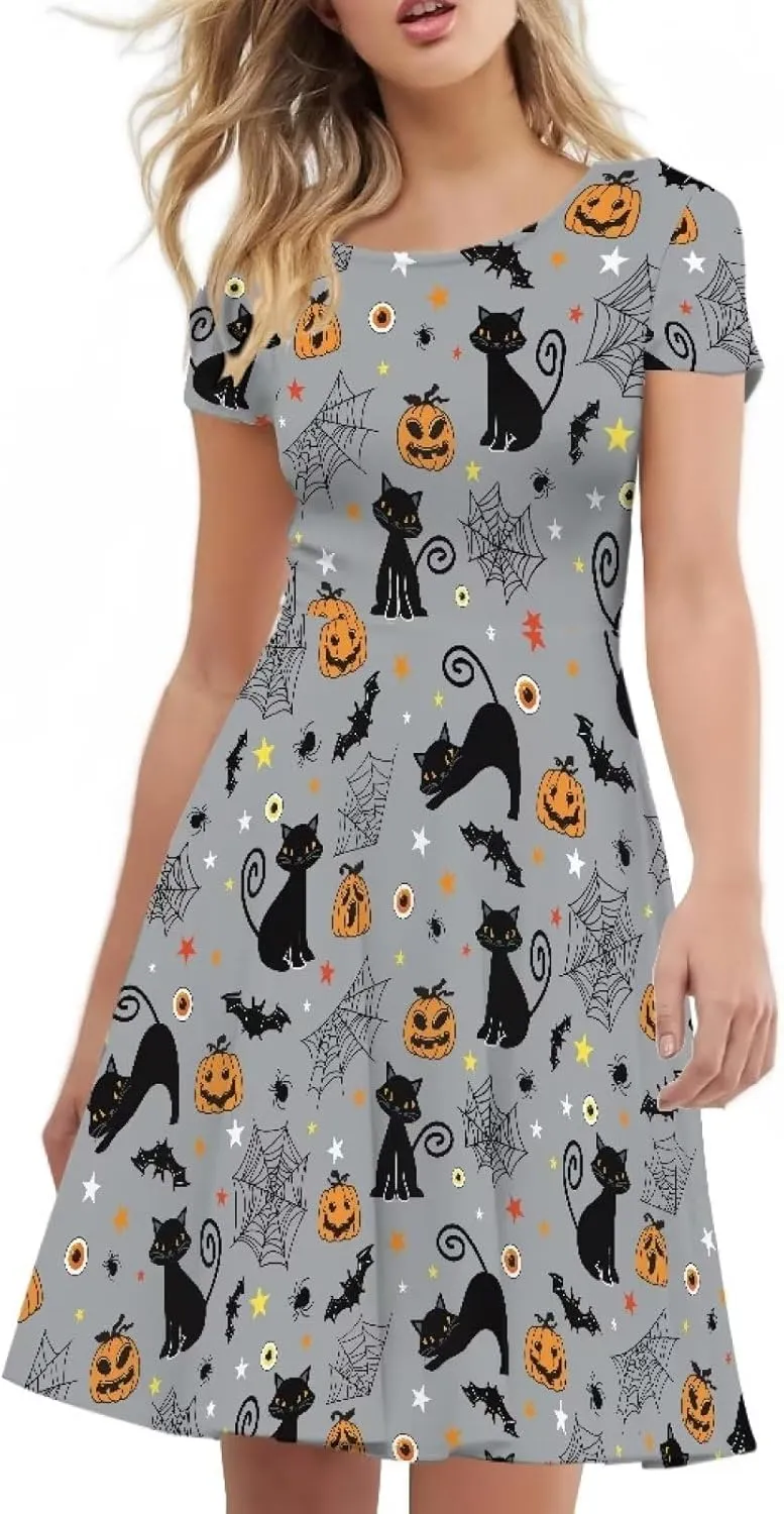 Amzprint Rose Crossbones Skeleton Sugar Skull Halloween Costume Elegant Casual Mini Swing A-Line Tshirt Dress for Women Party