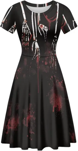 Amzprint Rose Crossbones Skeleton Sugar Skull Halloween Costume Elegant Casual Mini Swing A-Line Tshirt Dress for Women Party