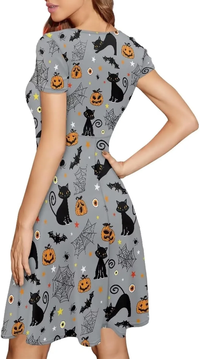 Amzprint Rose Crossbones Skeleton Sugar Skull Halloween Costume Elegant Casual Mini Swing A-Line Tshirt Dress for Women Party