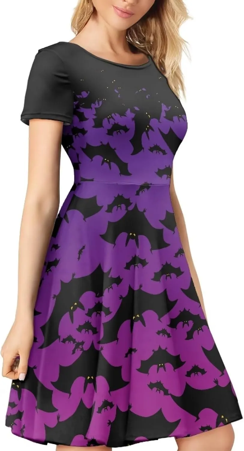 Amzprint Rose Crossbones Skeleton Sugar Skull Halloween Costume Elegant Casual Mini Swing A-Line Tshirt Dress for Women Party