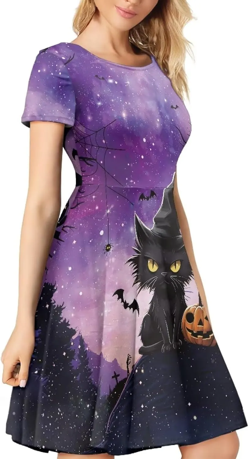 Amzprint Rose Crossbones Skeleton Sugar Skull Halloween Costume Elegant Casual Mini Swing A-Line Tshirt Dress for Women Party