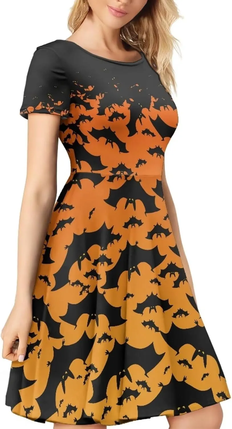 Amzprint Rose Crossbones Skeleton Sugar Skull Halloween Costume Elegant Casual Mini Swing A-Line Tshirt Dress for Women Party
