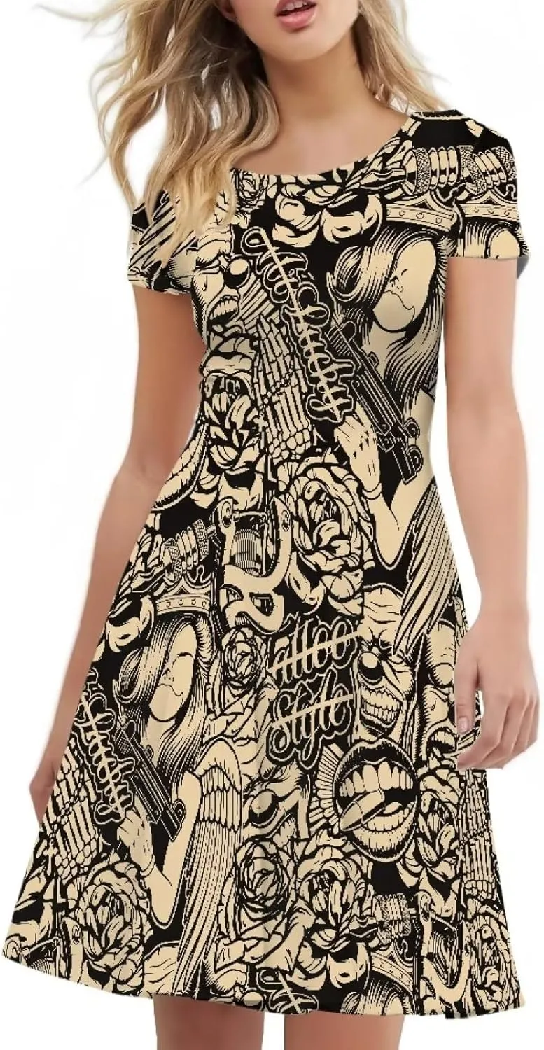 Amzprint Rose Crossbones Skeleton Sugar Skull Halloween Costume Elegant Casual Mini Swing A-Line Tshirt Dress for Women Party