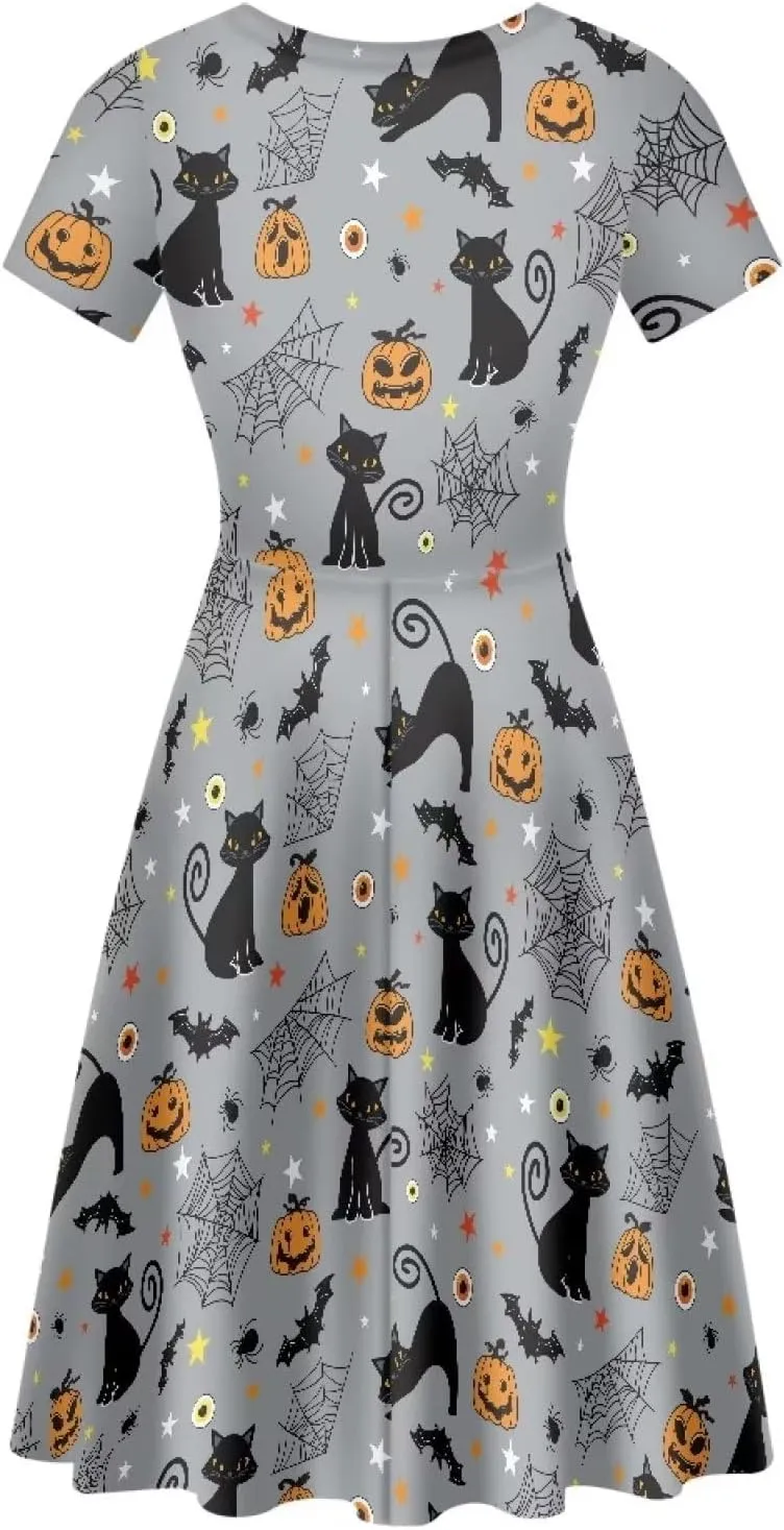 Amzprint Rose Crossbones Skeleton Sugar Skull Halloween Costume Elegant Casual Mini Swing A-Line Tshirt Dress for Women Party
