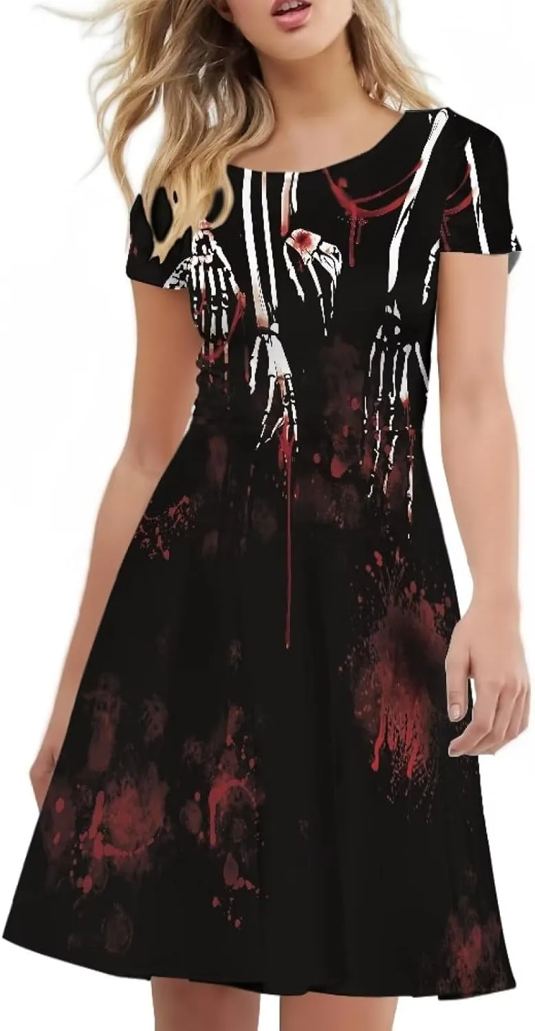 Amzprint Rose Crossbones Skeleton Sugar Skull Halloween Costume Elegant Casual Mini Swing A-Line Tshirt Dress for Women Party