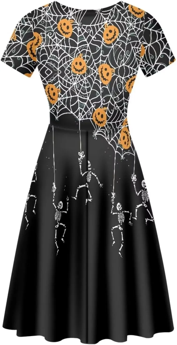Amzprint Rose Crossbones Skeleton Sugar Skull Halloween Costume Elegant Casual Mini Swing A-Line Tshirt Dress for Women Party