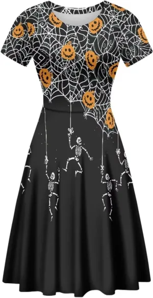 Amzprint Rose Crossbones Skeleton Sugar Skull Halloween Costume Elegant Casual Mini Swing A-Line Tshirt Dress for Women Party
