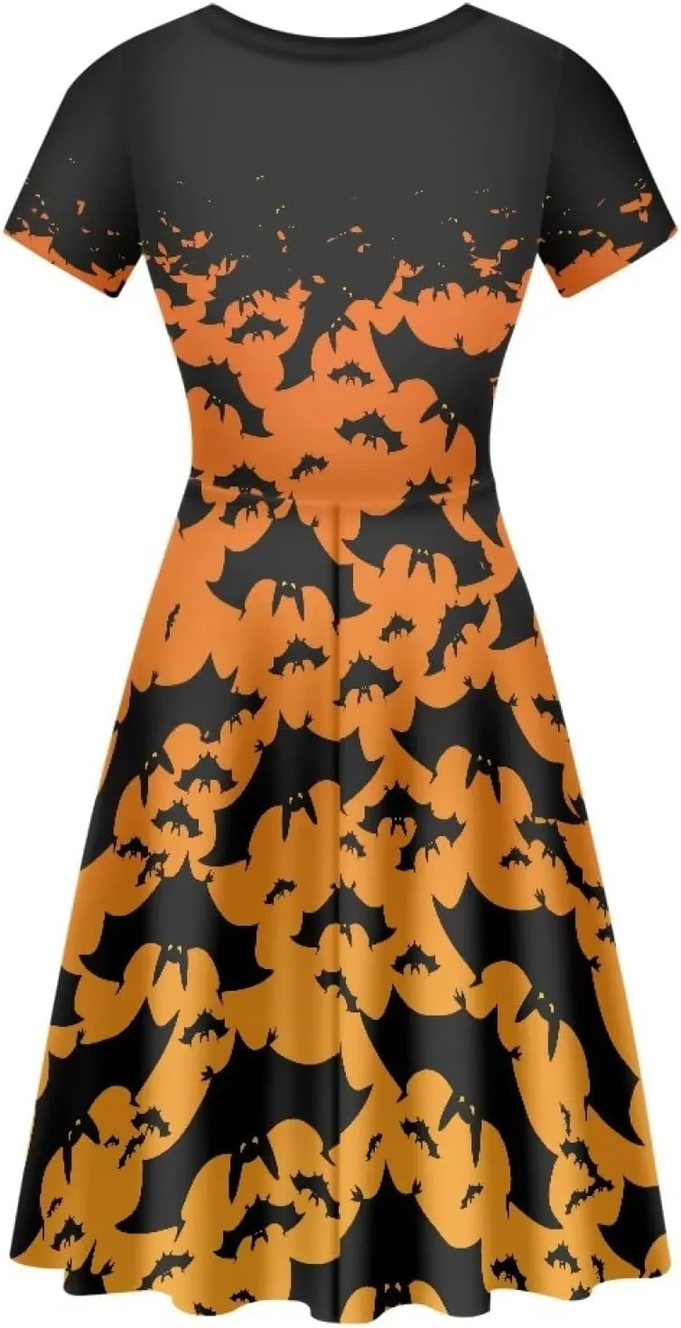 Amzprint Rose Crossbones Skeleton Sugar Skull Halloween Costume Elegant Casual Mini Swing A-Line Tshirt Dress for Women Party