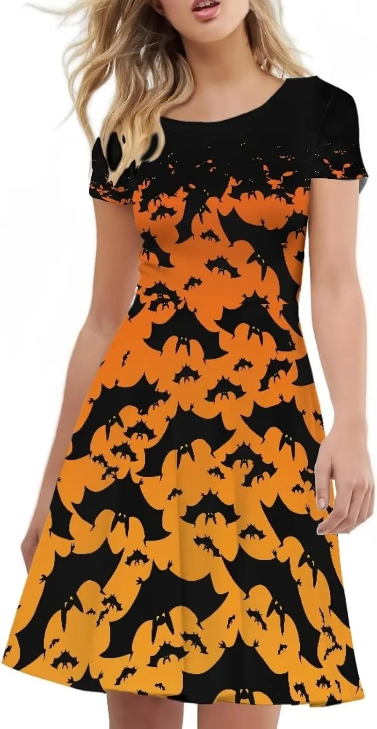 Amzprint Rose Crossbones Skeleton Sugar Skull Halloween Costume Elegant Casual Mini Swing A-Line Tshirt Dress for Women Party