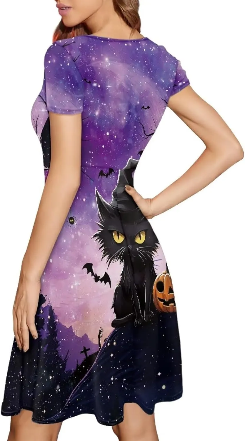 Amzprint Rose Crossbones Skeleton Sugar Skull Halloween Costume Elegant Casual Mini Swing A-Line Tshirt Dress for Women Party