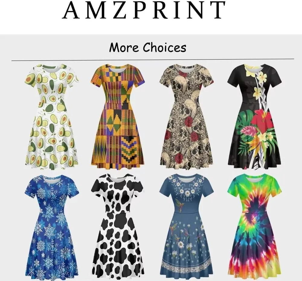 Amzprint Rose Crossbones Skeleton Sugar Skull Halloween Costume Elegant Casual Mini Swing A-Line Tshirt Dress for Women Party
