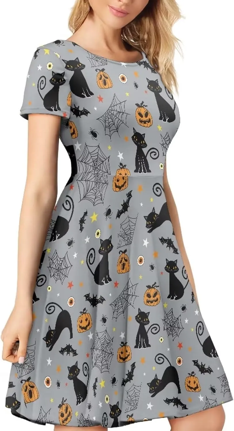 Amzprint Rose Crossbones Skeleton Sugar Skull Halloween Costume Elegant Casual Mini Swing A-Line Tshirt Dress for Women Party
