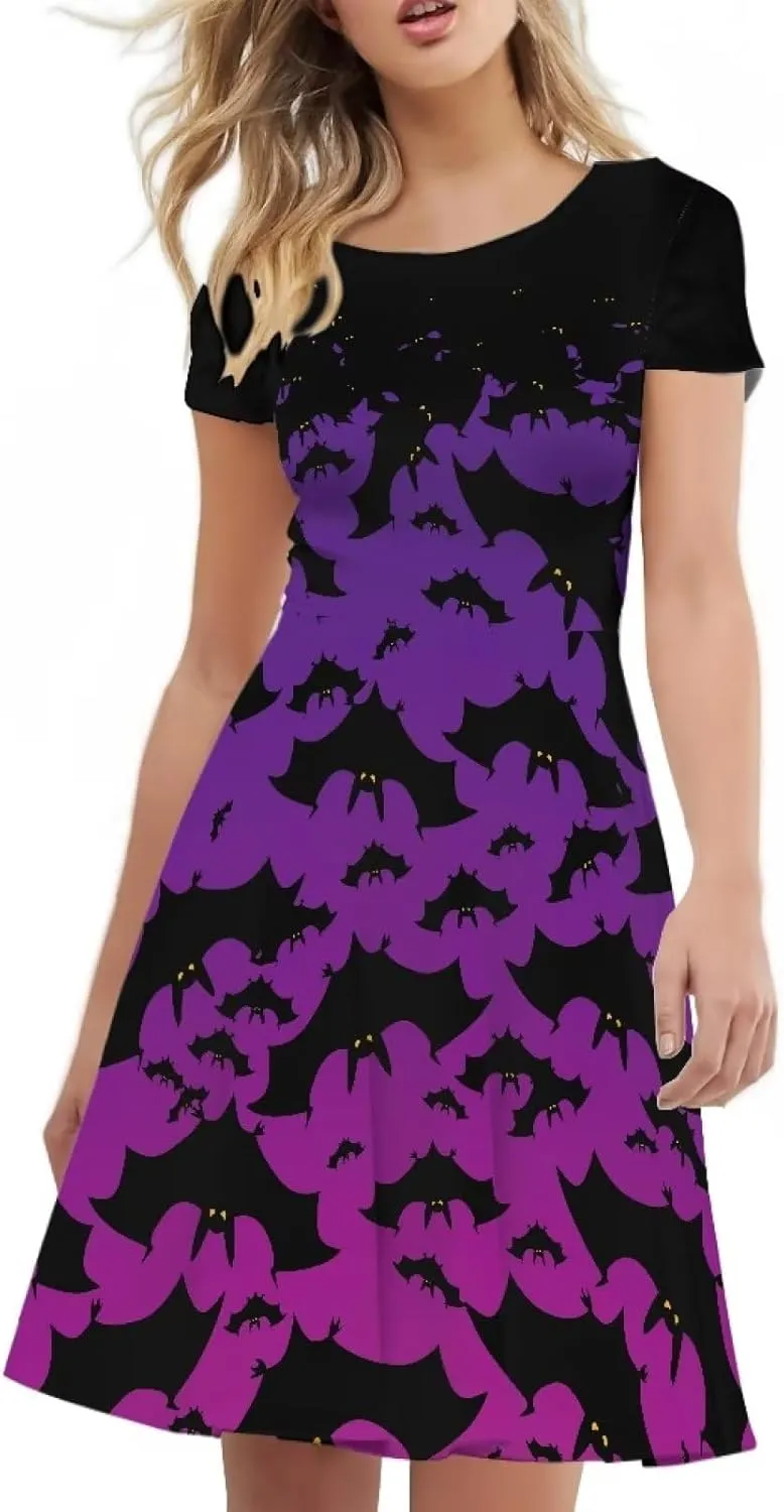 Amzprint Rose Crossbones Skeleton Sugar Skull Halloween Costume Elegant Casual Mini Swing A-Line Tshirt Dress for Women Party