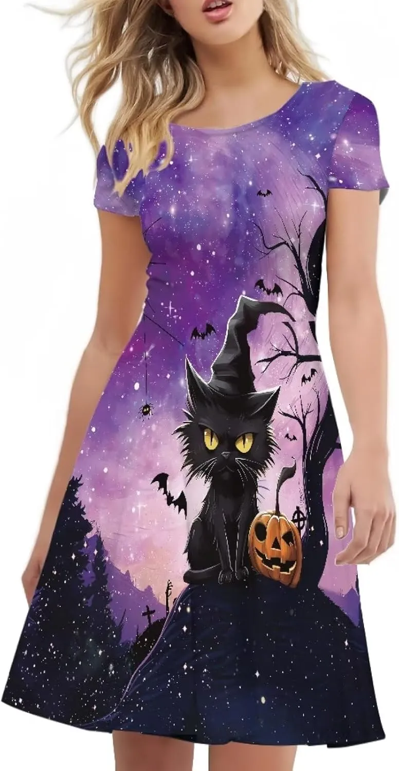 Amzprint Rose Crossbones Skeleton Sugar Skull Halloween Costume Elegant Casual Mini Swing A-Line Tshirt Dress for Women Party