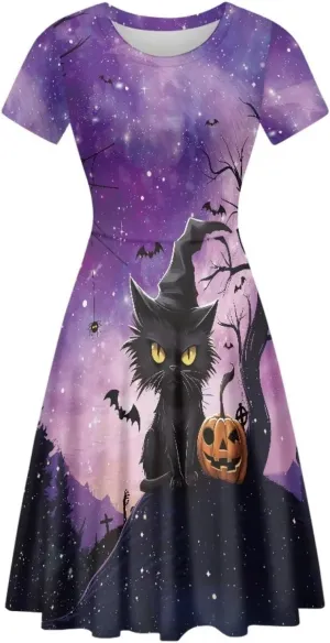 Amzprint Rose Crossbones Skeleton Sugar Skull Halloween Costume Elegant Casual Mini Swing A-Line Tshirt Dress for Women Party
